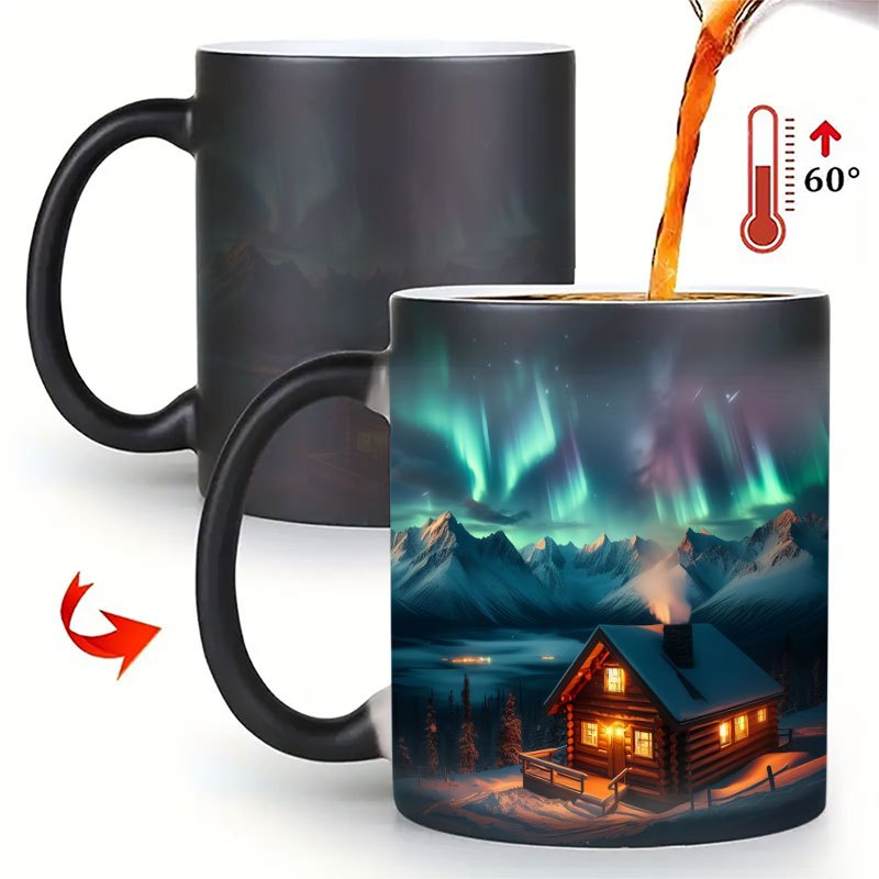 Image of 1pc Of A Northern Lights That Color With Heat, Featuring A Design Of And A Snowy Cabin. This Heat-sensitive Ceramic Tea Cup Makes A Creative And Unique Gift For