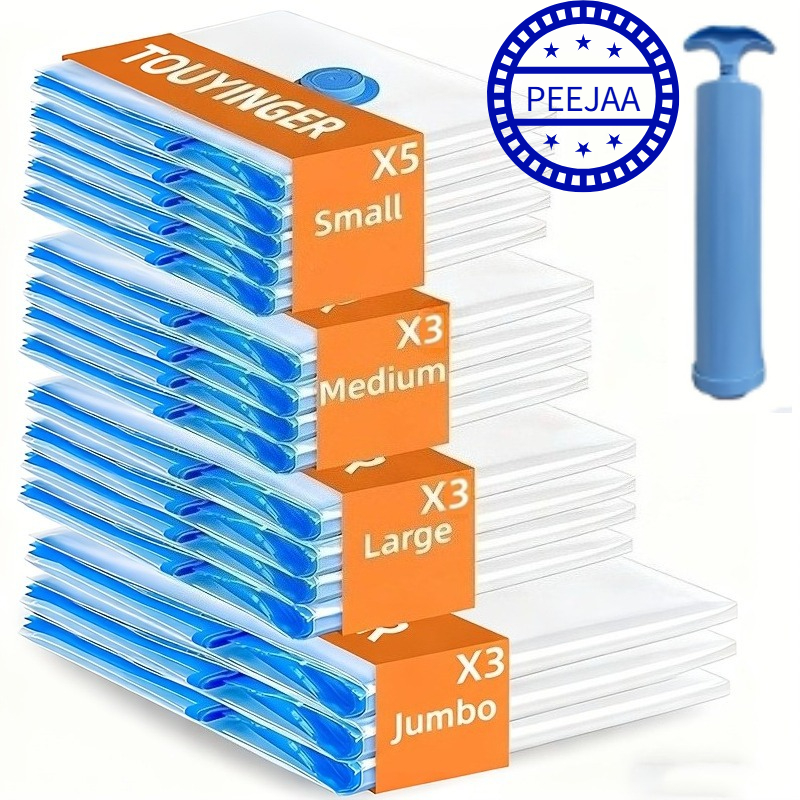 TEMU PEEJAA Set di 16 sacchetti sottovuoto riutilizzabili: 5 piccoli, 3 , 3 grandi e 3 extra-large. una pompa manuale blu e un sacchetto sottovuoto