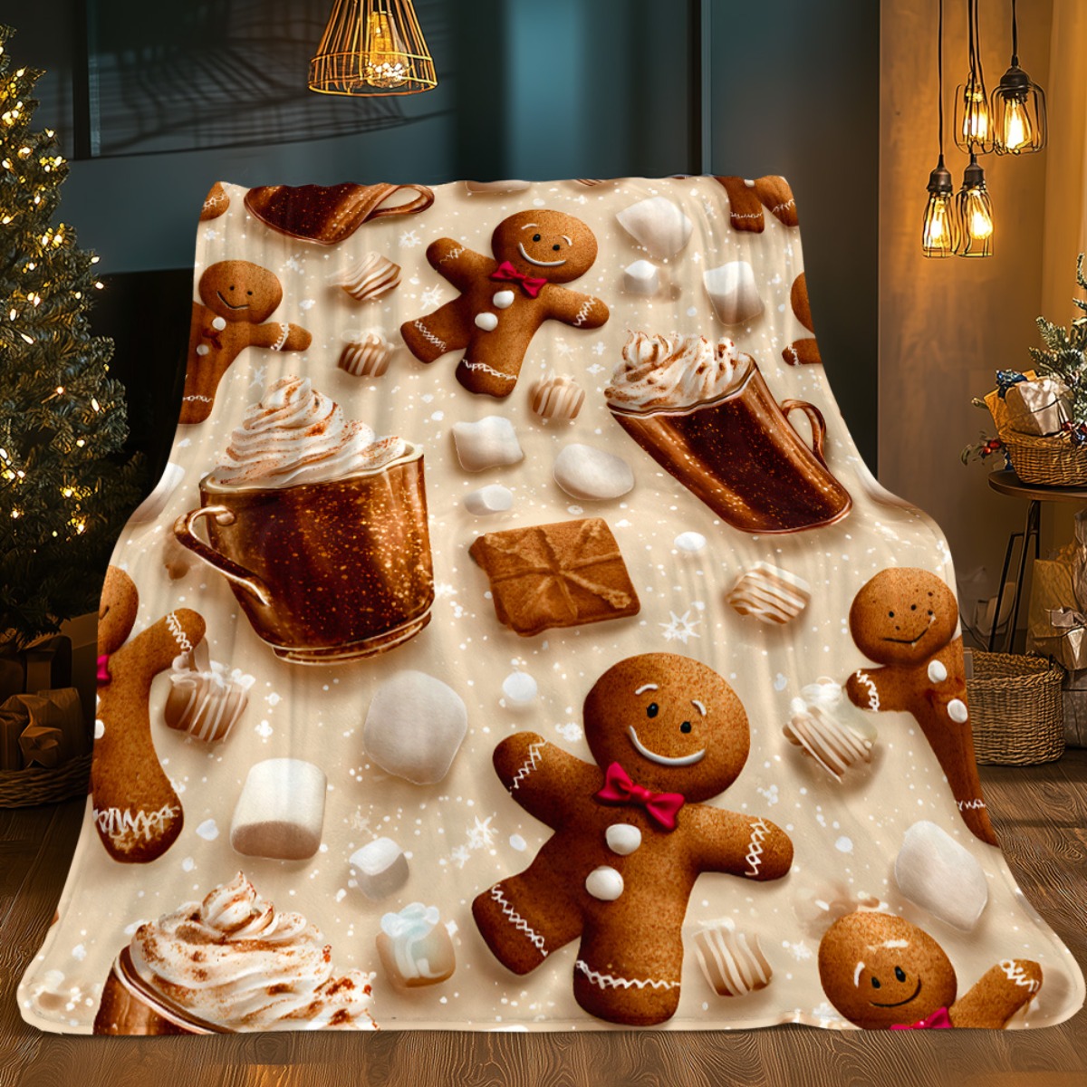 TEMU 1pc Couverture Douce et Chaude en Flanelle Légère à Motif Cacao Pain d'Épice - pour Canapé, Chambre, Salon, Lit, Fauteuil, Cadeau pour Adultes,