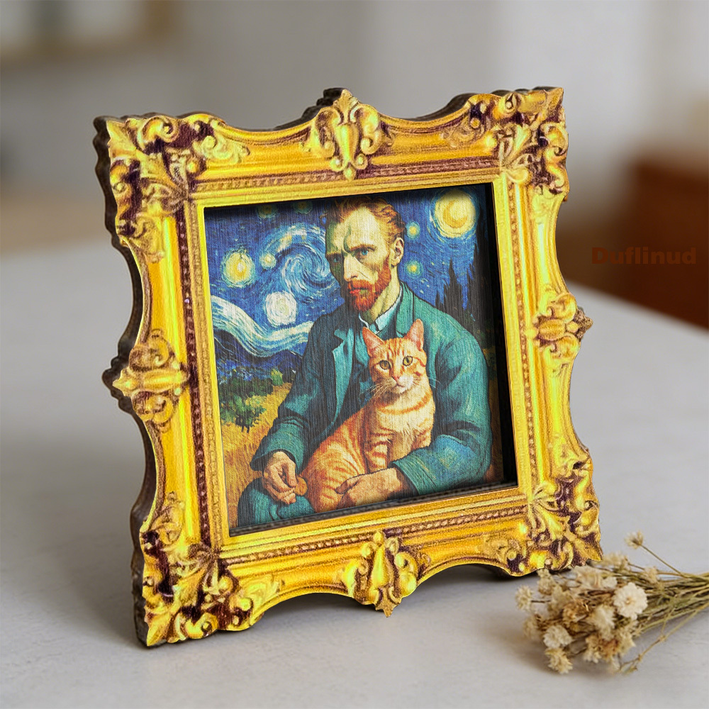 TEMU 1pc Duflinud Van Starry Cat Magnet - Wood Fridge Magnets Suitable For Cat Lovers, Miniature Square Painting With Back Base, Kitchen Decor Gift