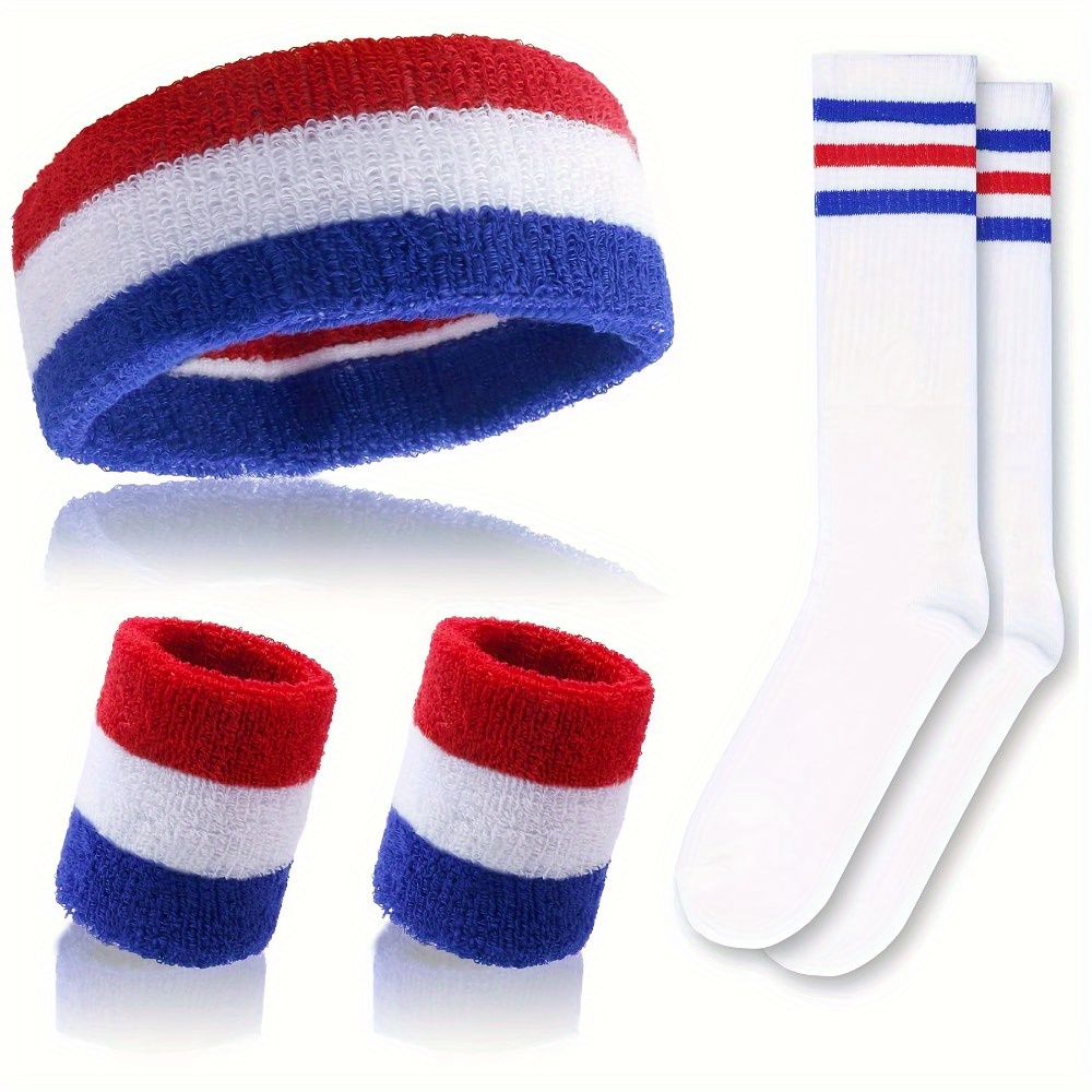 E-shop 5-teiliges Set: Schweißabsorbierende gestreifte Socken, Schweißabsorbierendes gestreiftes Stirnband Armband, Leuchtende Farben, Sportzubehör,