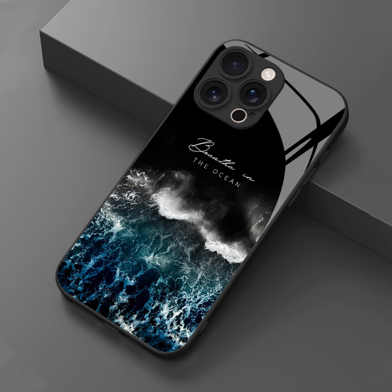 TEMU Phone Case - 1pc 2d Deep Sea Surging Waves Pattern Hd Glass Phone Case For Iphone