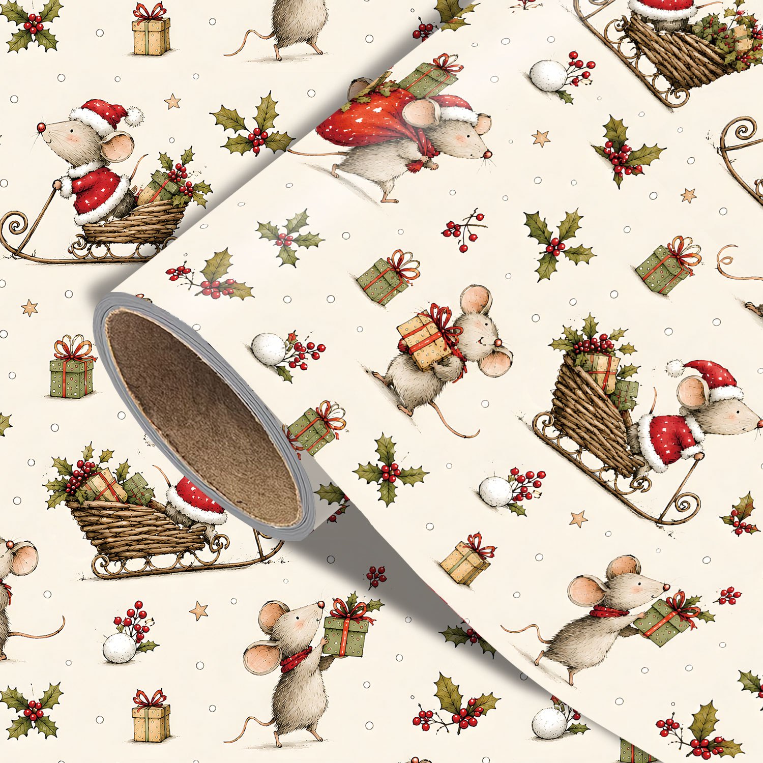 TEMU 1 Rolle weißes Weihnachtsgeschenkpapier, 17,7 Zoll x 118 Zoll, niedliche Weihnachtsmäuse Weihnachtsgeschenkpapier mit Schlitten, Geschenkboxen,