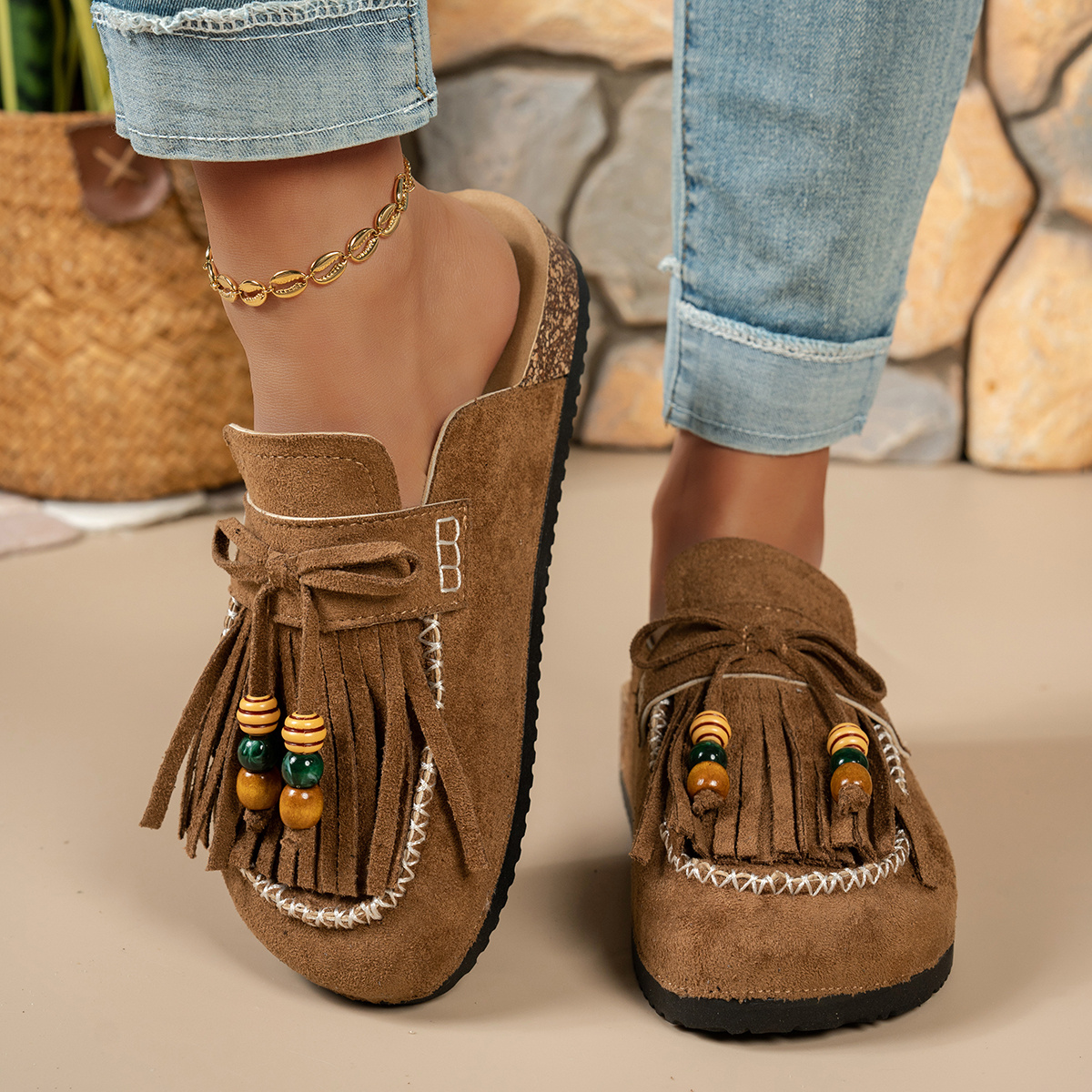 wdhkun womens casual bohemian style wide toe slip   with tassel and bead embellishments comfortable and relaxed design women shoes