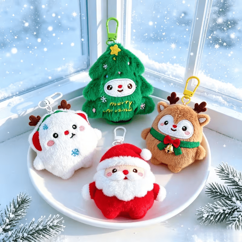 TEMU 4 Christmas Plush Keychains, Fluffy Santa Claus, Reindeer, Christmas Tree And Snowman Pendants, Soft Mini Plush Dolls, Cute Backpack Pendant