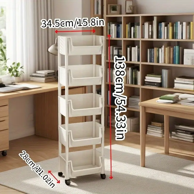 five layer bookshelf rack 12 month use movable table trolley floor standing desk organizer for books supplies storage with pen holder and file shelf Product details 2