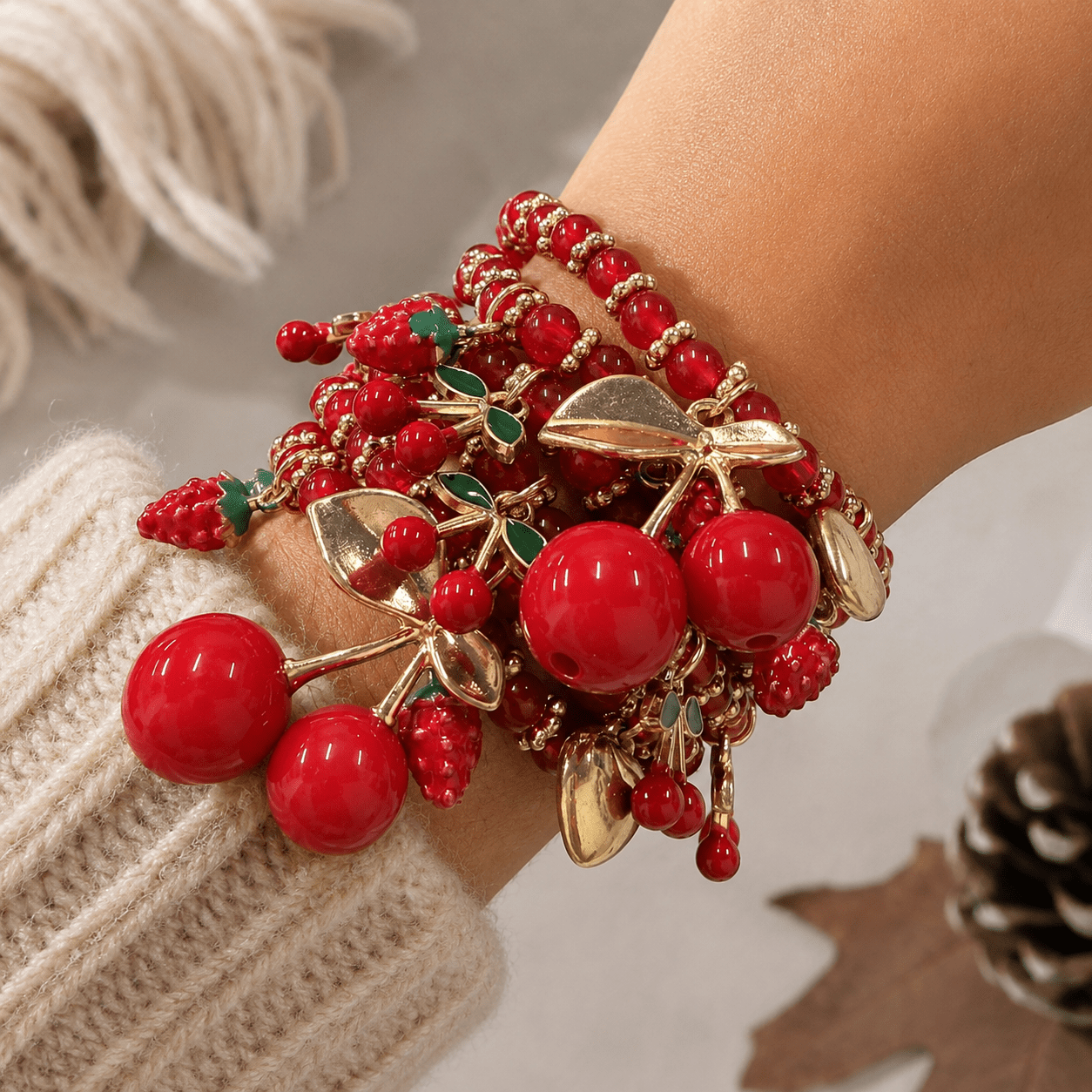 TEMU 6pcs Women's Bohemian Red Bead Elastic Bracelet Set, Cherry Strawberry Heart Elements, Daily Vacation Party Wear, Thanksgiving Gift Valentine's