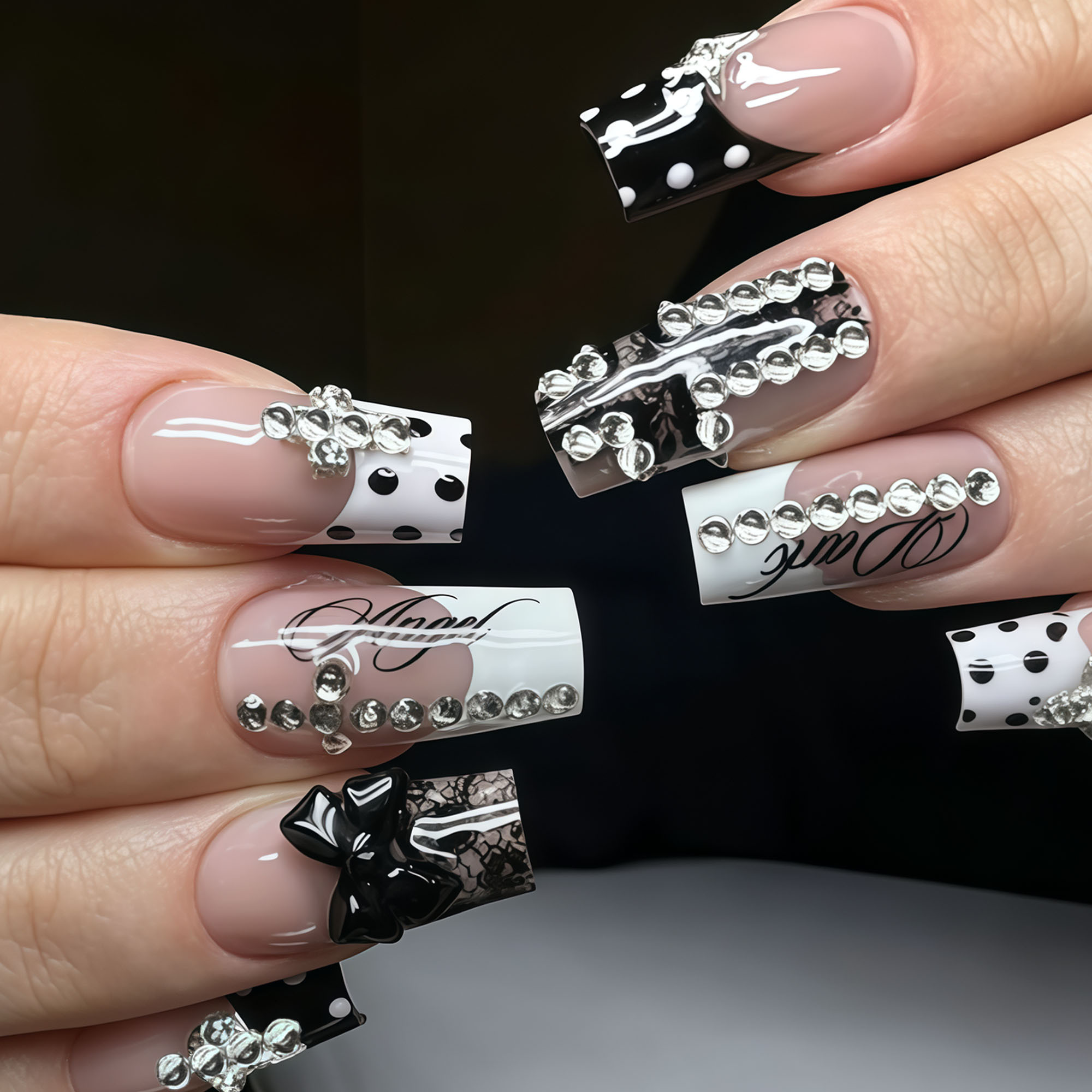TEMU Lot de 24 faux ongles 3D à paillettes et strass à poser pour femme - Style Y2K, faux ongles longs carrés avec nœud noir brillant, dentelle,