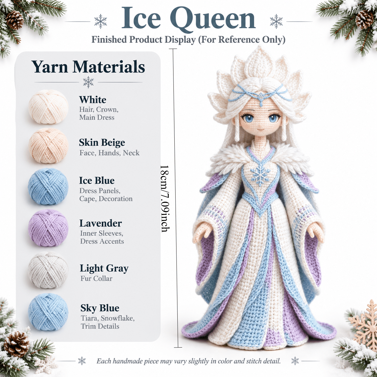Image of Crochet Ice Queen Ornament With Long Gradient Gown And Snowflake Headpiece, Beginner Handmade Crochet Kit With Full Yarn, Graphic Tutorials, Instructions
