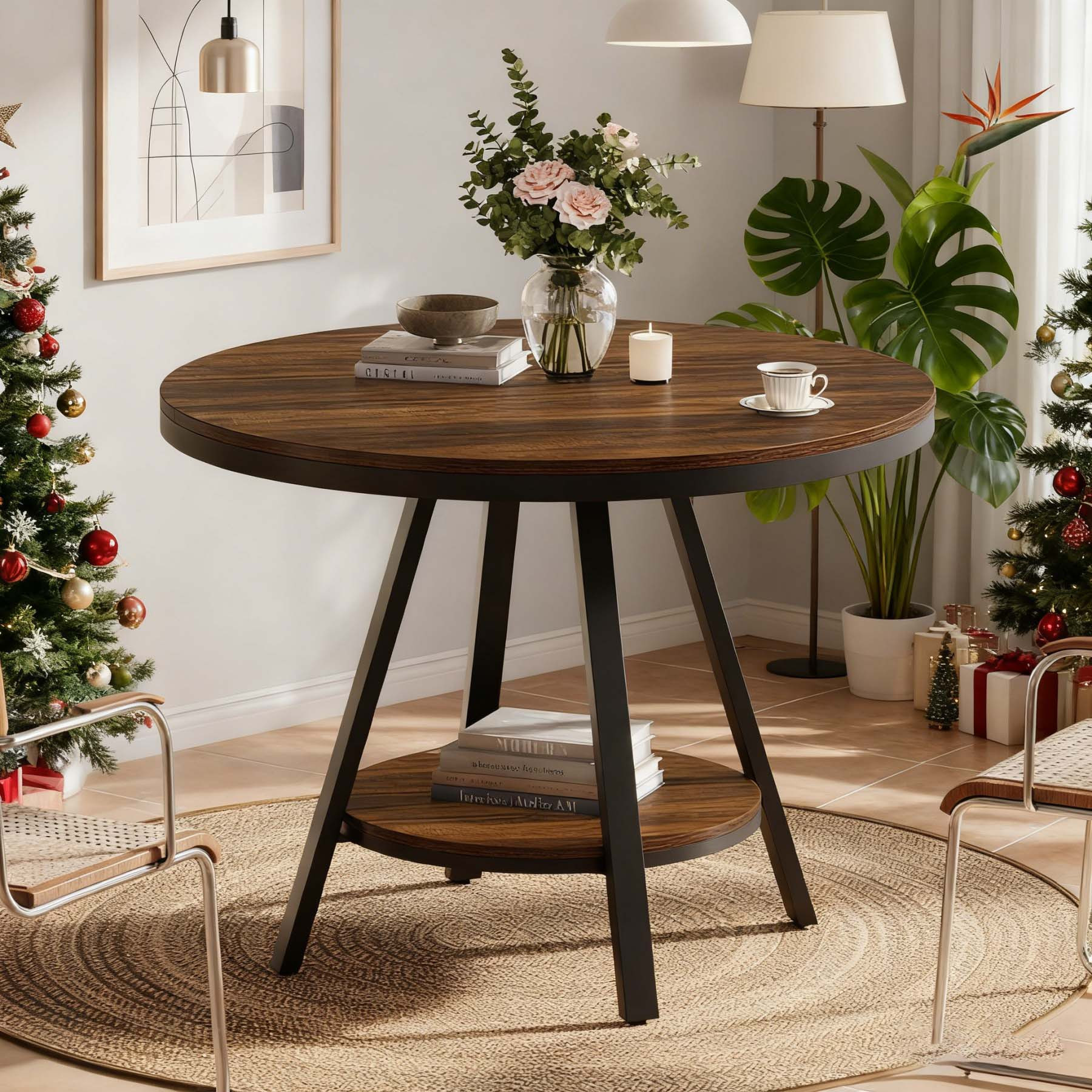 Image of Compact Dining Table Suitable For Individuals, Featuring A Two-tier With -inch Round Wooden Top And Metal Legs, Finished In A Rustic Brown Color
