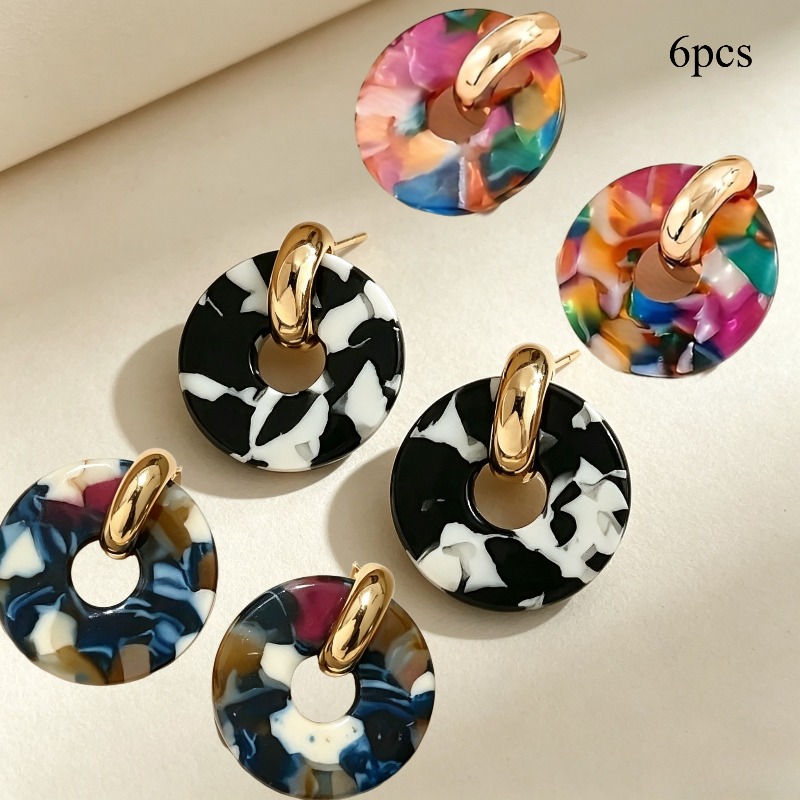 TEMU Ensemble de 6 boucles d'oreilles créoles pour femmes, style bohème , , de couleurs, imprimé léopard, design acrylique multicolore, rondes et