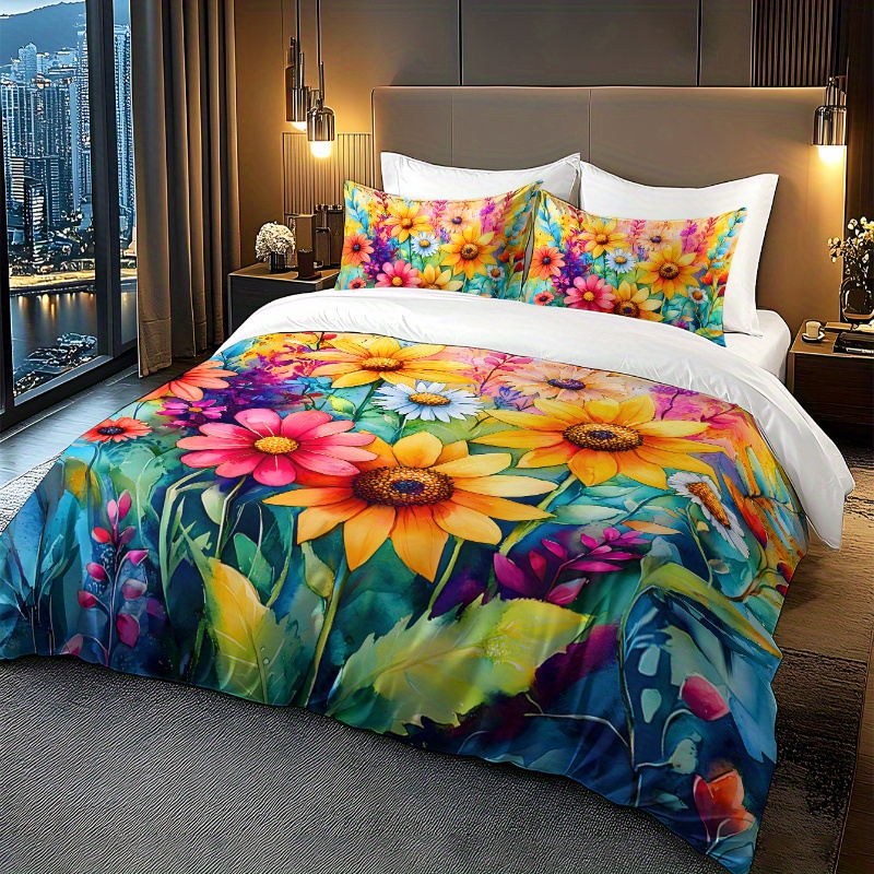 TEMU 2/3pcs Valentine's Day Bedding | Brushed Polyester, Digital Printed, Wrinkle-resistant, Pill-resistant, , Watercolor Sunflower & Exotic Colorful