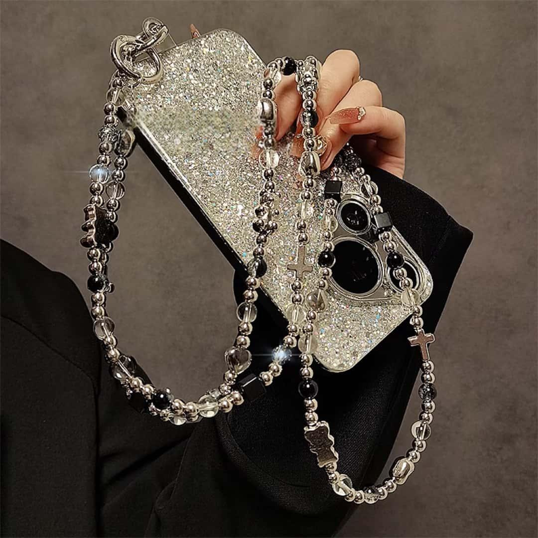 Luxury High-end Sense Exquisite Silvery Electroplated Handmade Bead Long Crossbody Hanging Rope Chain Mobile Phone Case Bag Universal
