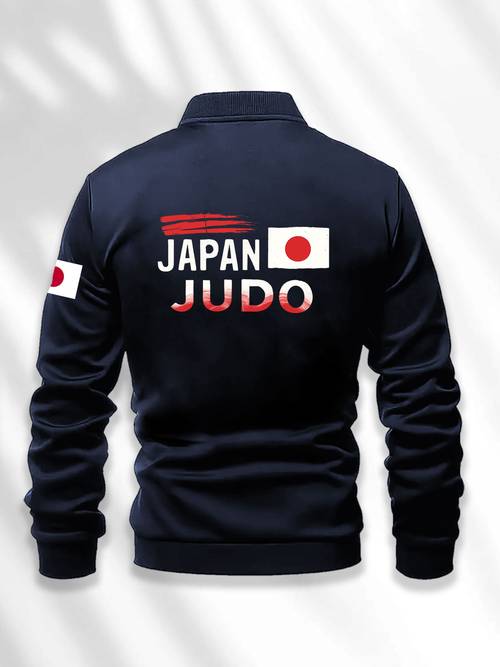 chaqueta de judo para hombre - negra con detalles rojos y blancos, estilo béisbol con cremallera, forro de poliéster, corte regular, ropa deportiva casual para /otoño, uniforme de judo, resistente