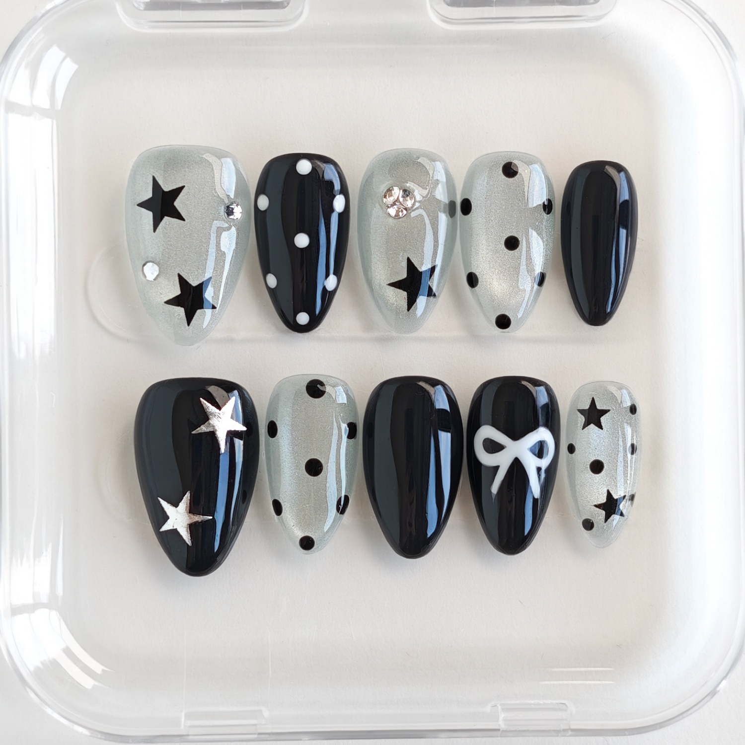 TEMU | Handmade Acrylic Press On Nails - Short Almond Shape With Silvery Gray And Black Contrast, Star And Polka Dot Patterns, 3d Bow And Rhinestone