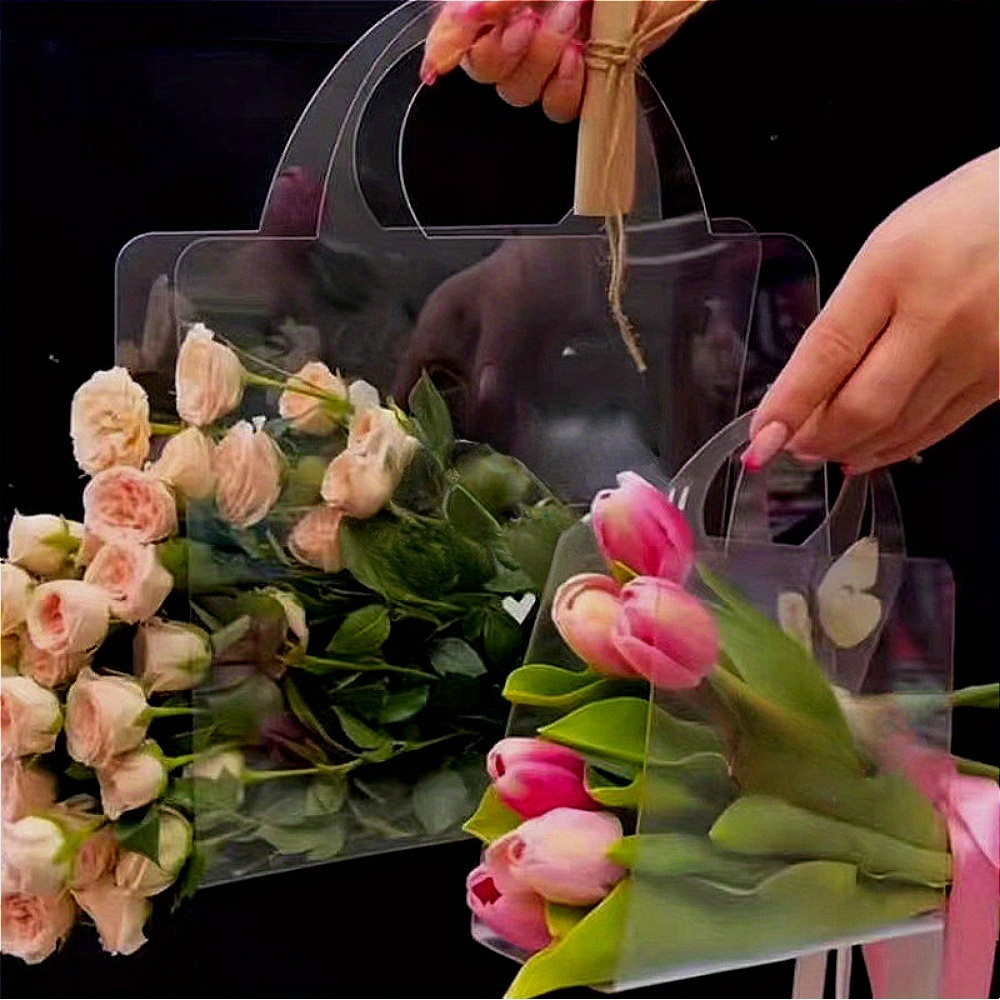 Set of 2, Clear And Simple Flower Packaging Bags with Handles for Weddings, Easy to Carry