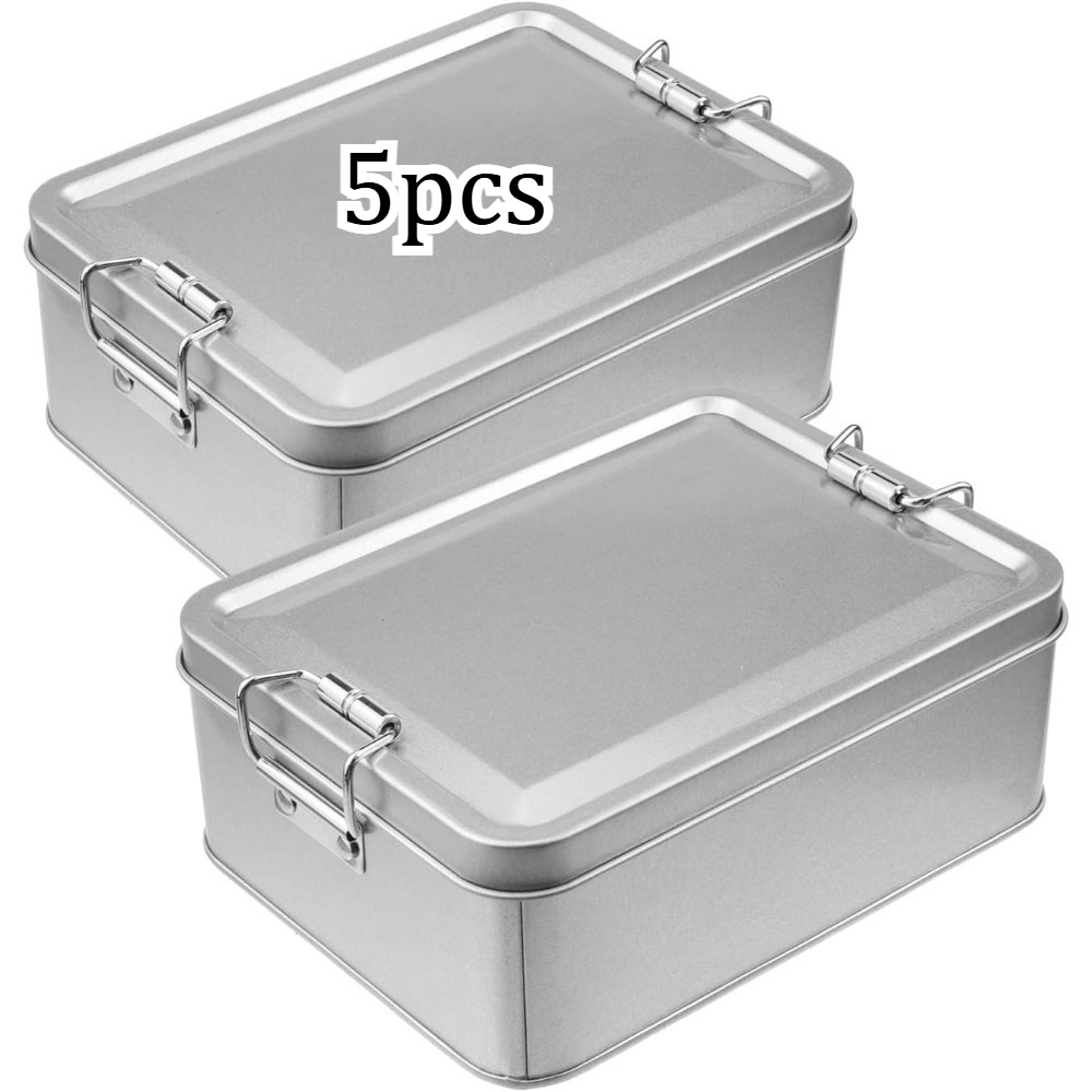 TEMU 5 Silvery Metal Storage Boxes With Lids, Featuring A Rectangular Design With Clasps, Suitable For Home Storage And Outdoor Use
