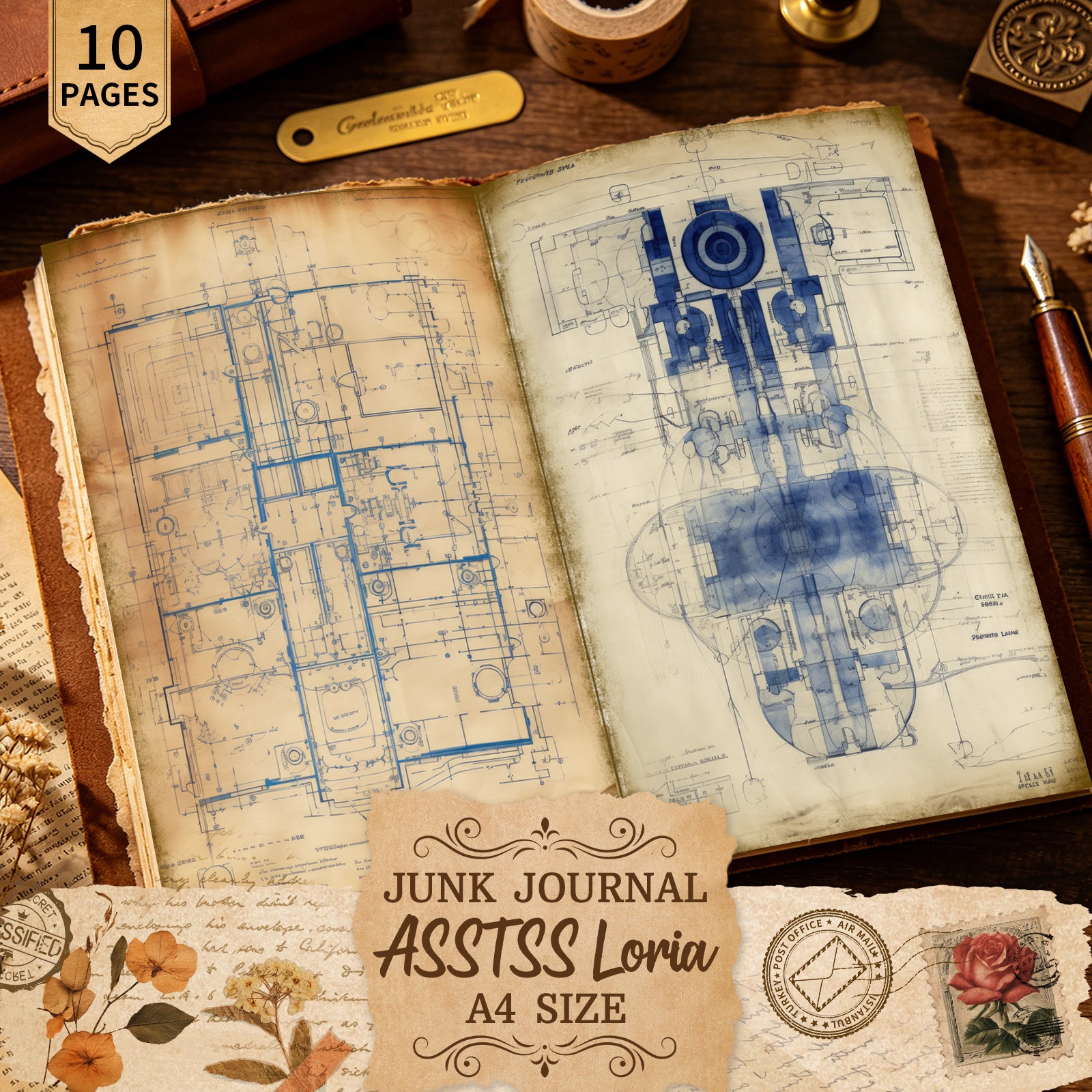 TEMU Asstssloria 10 Sheets A4 Vintage Scrap Machinery Blueprint Scrapbooking Paper Set, Handcrafted Junk Journal And Decorative Craft Paper, Craft