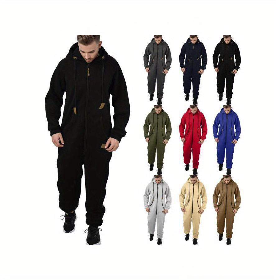 

Men' Color Hooded Fleece Jumpsuit Set - Long Sleeve, Warm Romper For Autumn And Winter, Machine Washable, Playsuits, Pantalones Hombre