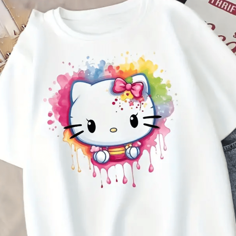 

Sanrio Hello Kitty Graphic Tee For Women - Casual Crew Neck, Short Sleeve, Stretchy Polyester , Machine Washable, Vibrant Cartoon Print, Wear, Hello Kitty T Shirt