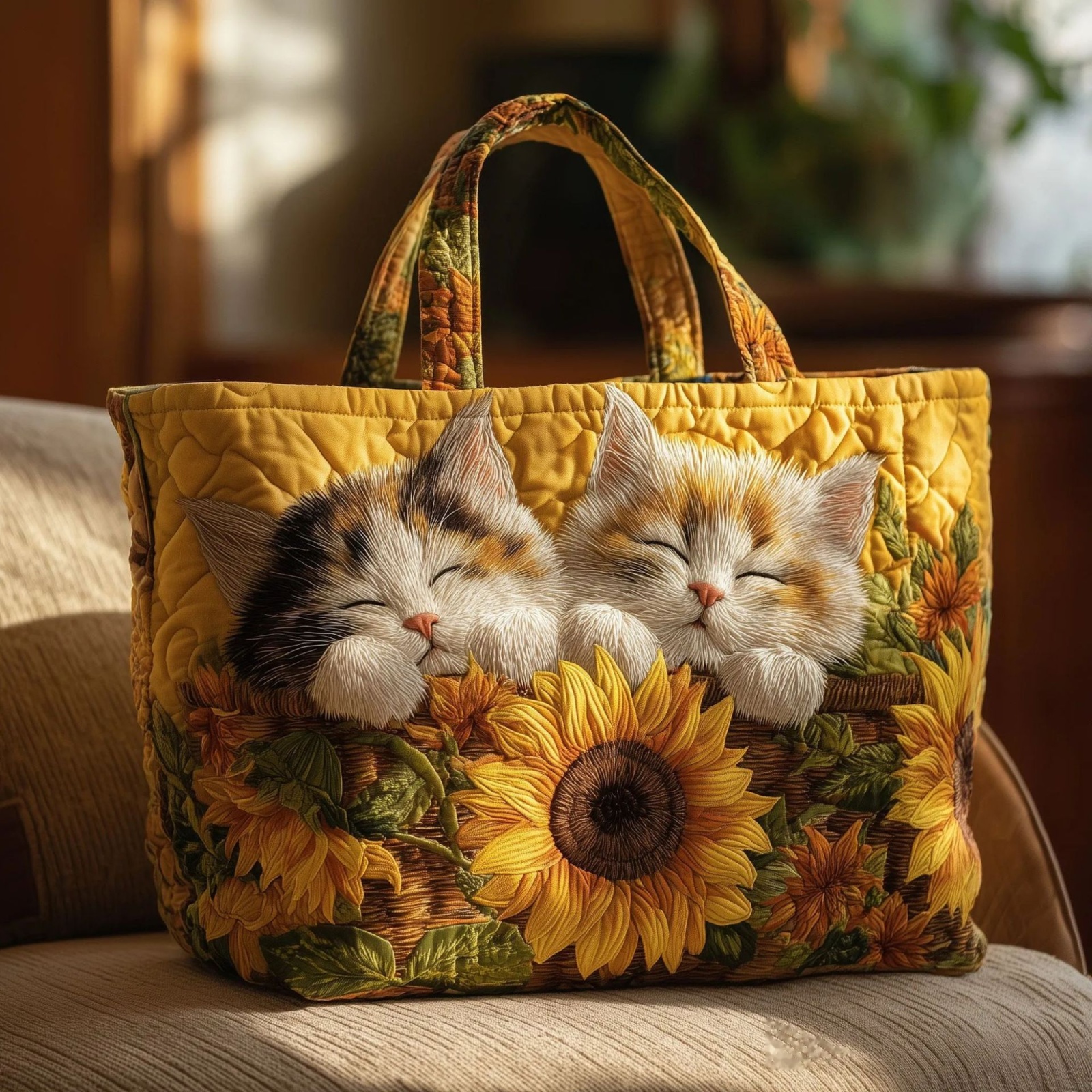 Quilted Tote Bag With Sleeping Kittens & Sunflowers - Warm Yellow Floral Print, Zipper Closure Shoulder Bag Suitable For Daily Use,, Shopping, - Hand Washable Bag For Lovers, /