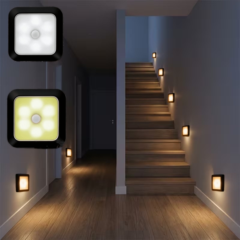 6 LED-uri Lumini Inteligente cu Senzor de Mișcare pentru Scări, IP44, Lumină de Noapte Wireless Alimentată cu Baterii, Potrivite pentru Sub Dulapuri, Coridoare, Scări, Dulapuri, Design Modern Pătrat. Include Componente Electronice (Bateria Nu este Inclusă)