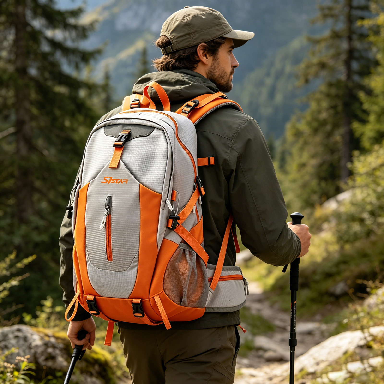 Image of Outdoor Hiking Backpack With Waist Zipper Pocket Built-in Emergency Survival Whistle Spacious Storage Widened Breathable Shoulder Straps Trekking Pole Fixing Webbing For Hiking And Outdoor Trips