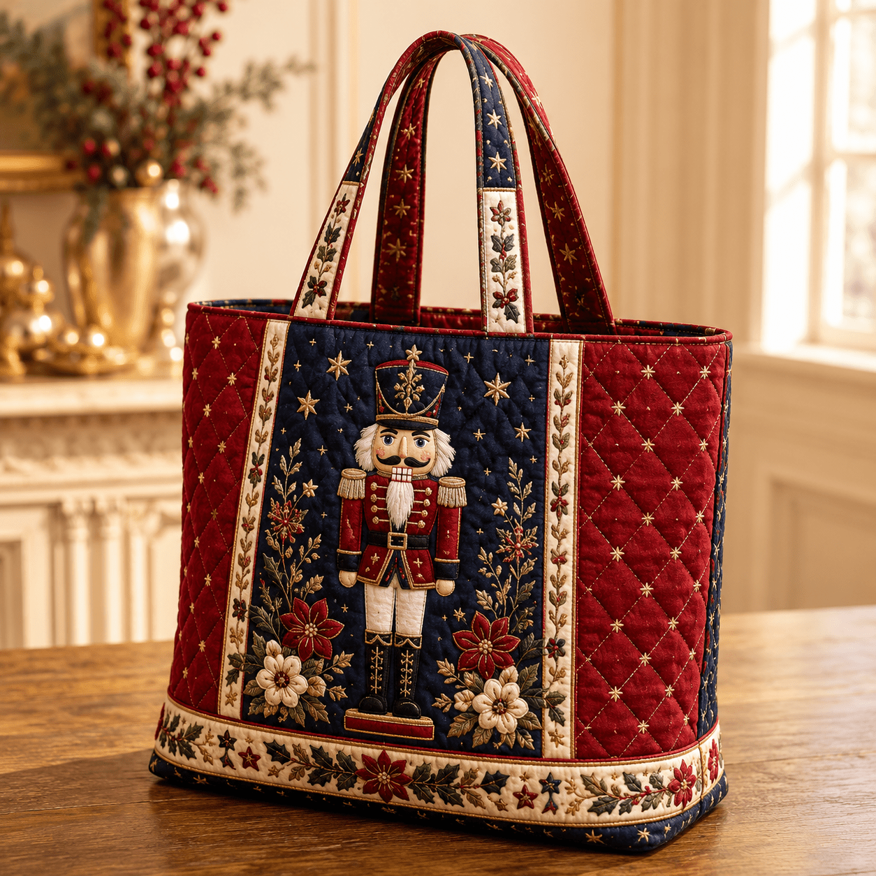 TEMU 17 X 15 Inch Quilted Tote Bag For Women, Nutcracker Soldier Navy Tote With Diamond Quilted And Detail, Soft Handheld Bag, Large Capacity School