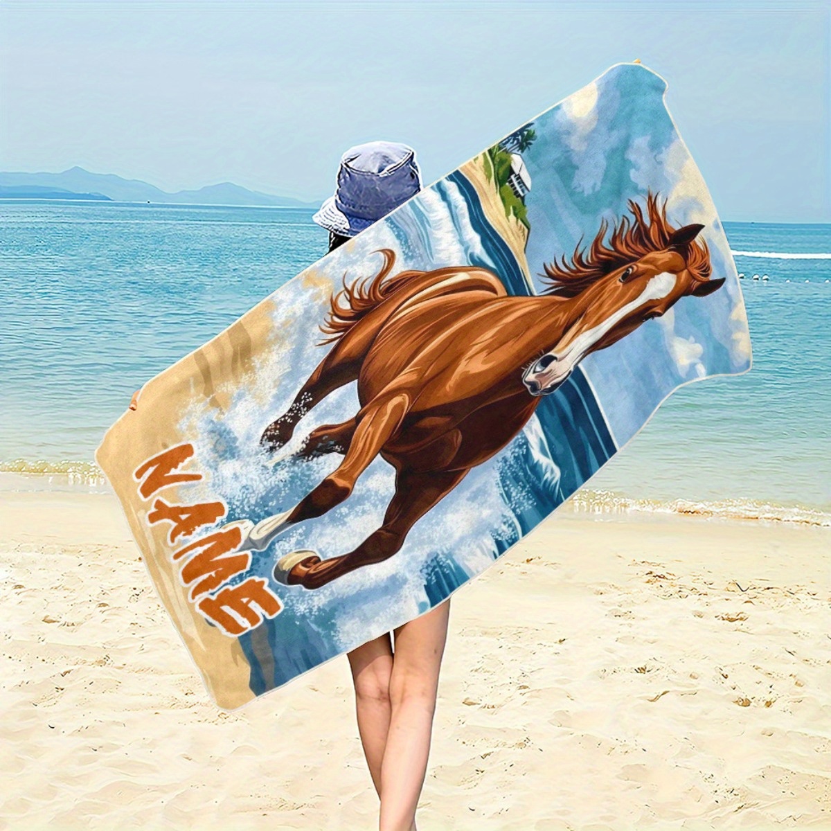 TEMU 1pc Horse On Beach Custom Name Beach Towel - Soft, Ultra-absorbent Microfiber, Lightweight, Perfect For Beach, Parties, Travel, Camping -