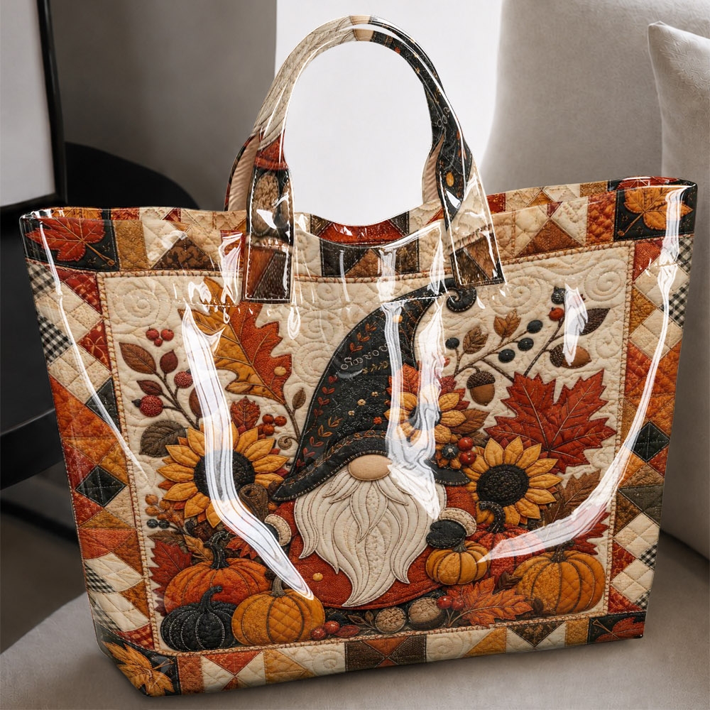 Image of Autumn Pumpkin Gnome Print Tote Bag, Vintage Quilt Style Glossy Handheld Bag, Large Capacity Holiday Shopping Bag For Thanksgiving, Fall , Farm , Daily Shopping And Casual Use