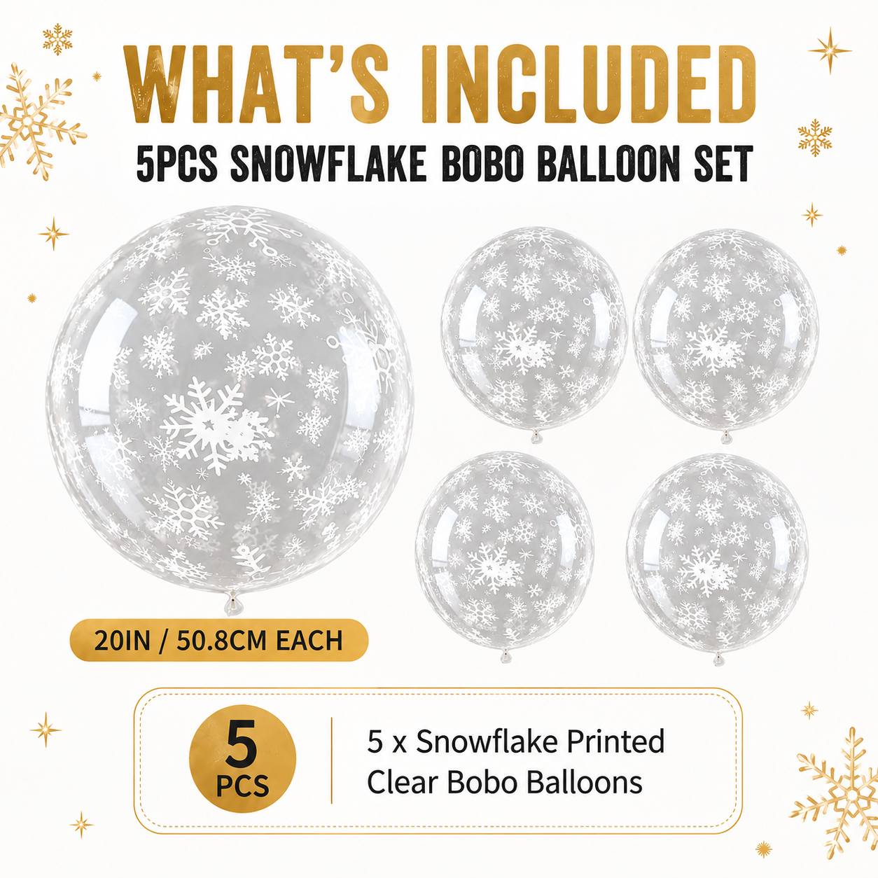 TEMU 5pcs 20 Inch Snowflake Bobo Balloons, Transparent Bubble Balloons With Winter Snowflake Print, Christmas New Year Party Decorations For Home