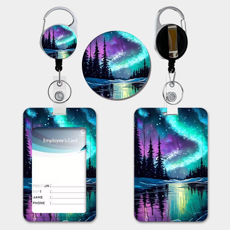 TEMU Dark Blue Aurora Forest Id Card Holder With Retractable Lanyard & Keychain - Heavy-duty Plastic Holder Suitable For School, Office, Badges,