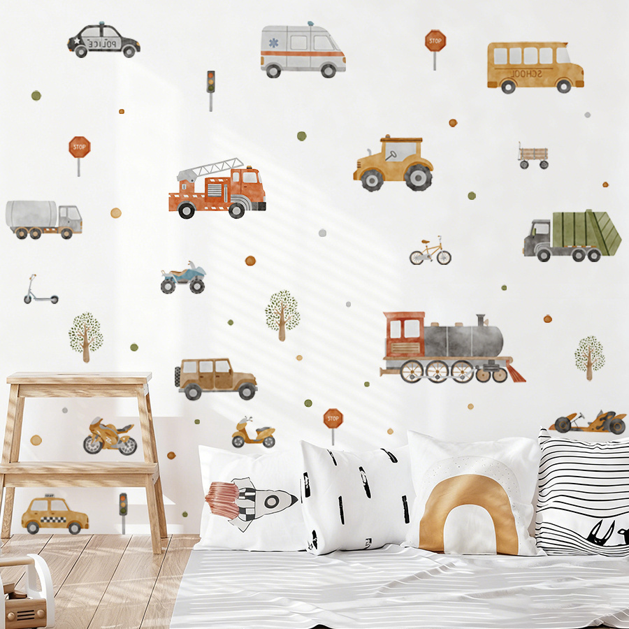 Image of 4pcs Car, Ambulance, Fire Truck, School Bus Wall Stickers | Self-adhesive Vinyl Decoration For Bedroom, Living Room, Game Room - Contemporary Space Theme, Semi-matte End