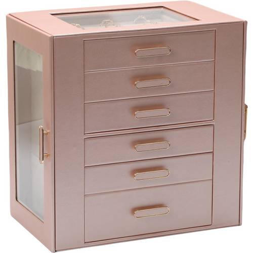 luxury 6 box with glass countertop and door artificial leather storage cabinet earrings hooks rings display advanced storage space for necklaces bracelets and watches anniversary commemorative womens birthday gifts