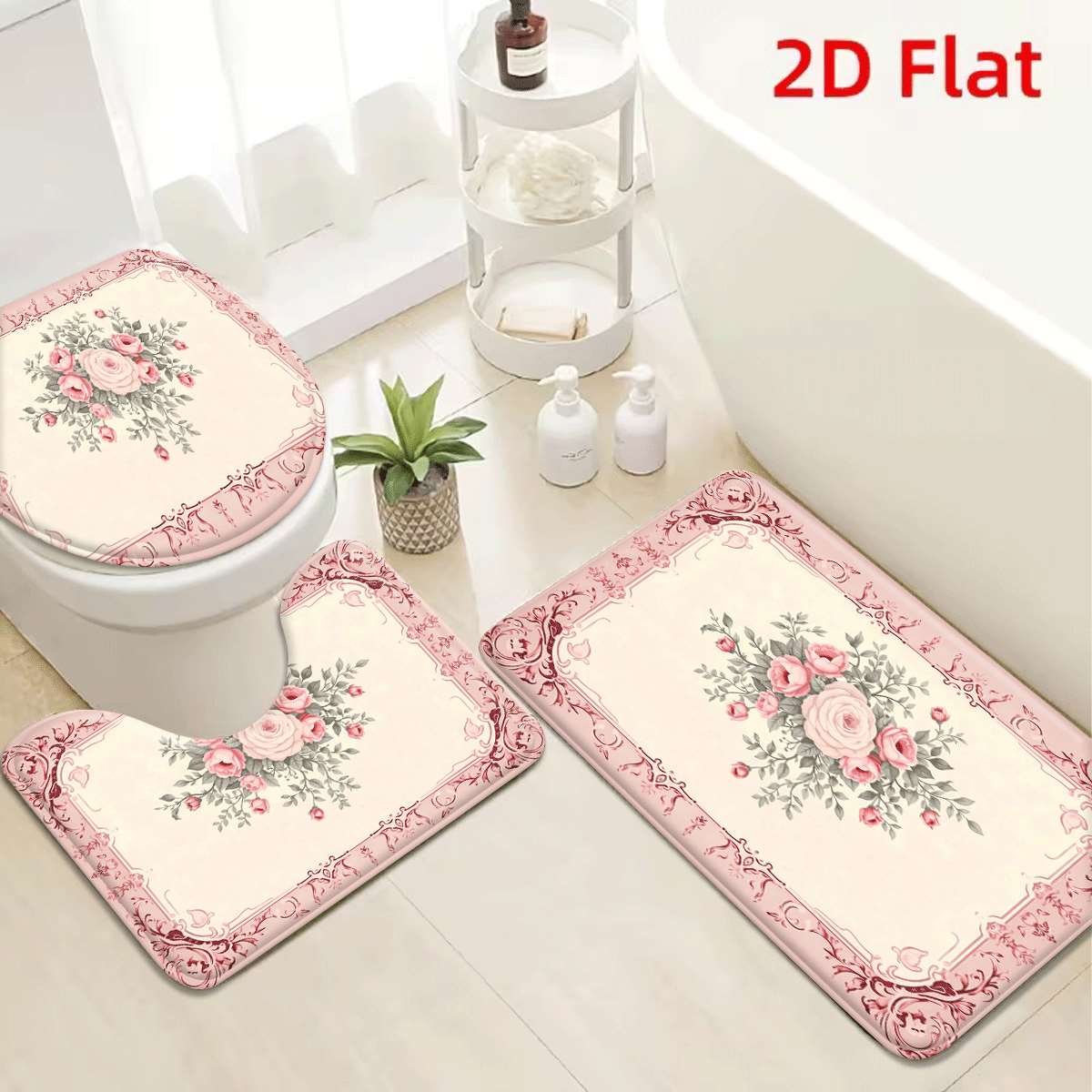 TEMU 3pcs Non-slip Handmade Suitable For Floor Mat, Ultra Absorbent Machine Washable Bath Rug With Rose Floral, Soft Flannel & Plastic Backing, Cozy