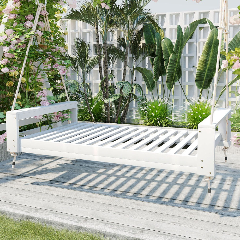 Garden seating. Swing chair. Double-sized porch swing bed seating set with hemp rope swing frame, suitable for gardens and backyards. Minimalist rustic style, ideal for courtyards and gardens. Mattress sold separately.