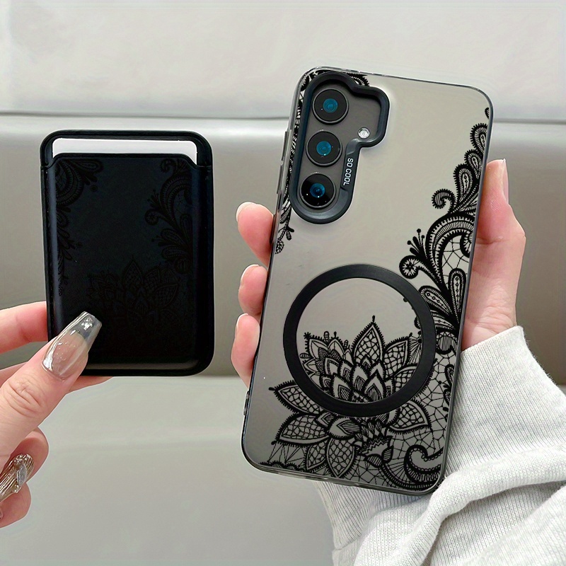 TEMU A Two-piece Set Featuring A Creative Black Floral Pattern Magnetic Phone Case And A Stylish Artificial Leather Magnetic Card Holder. This