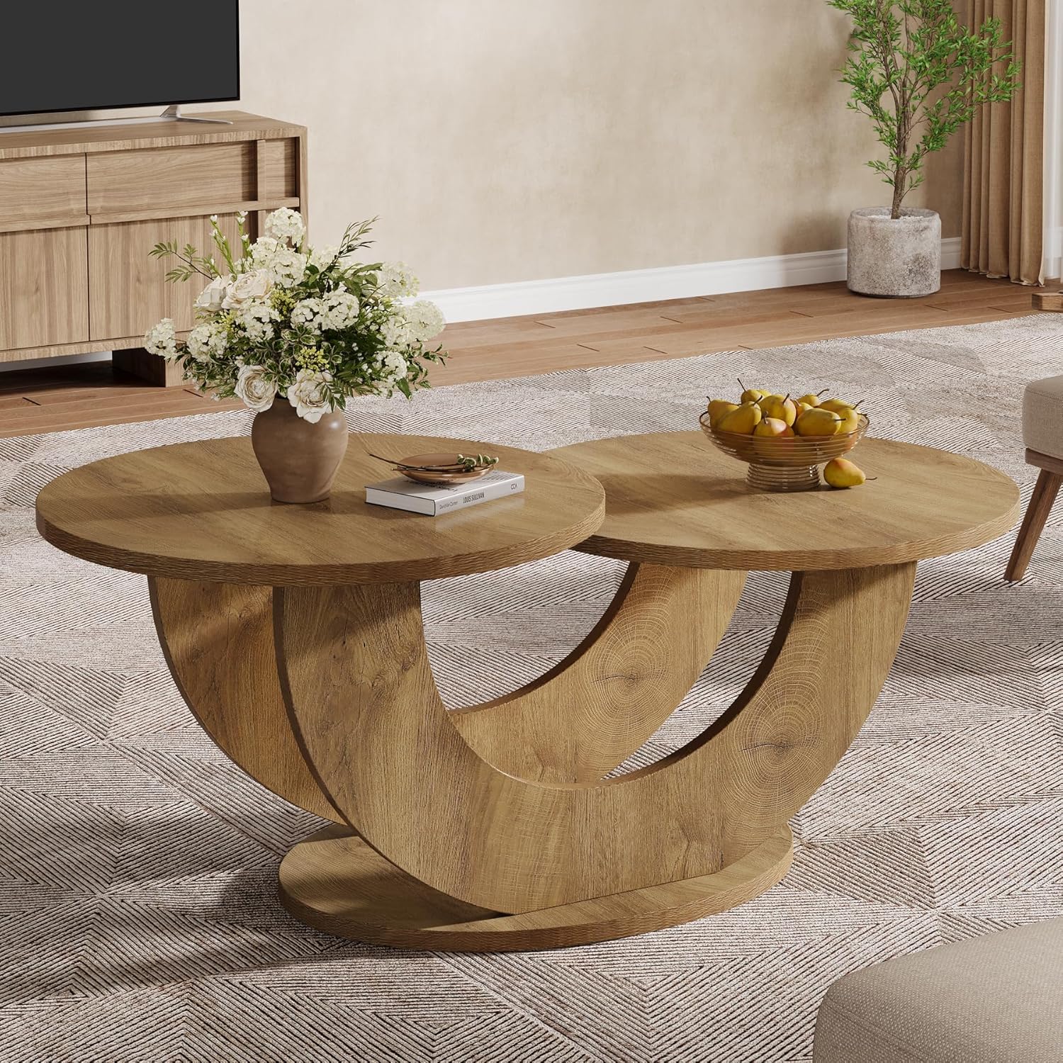 46-inch Circular Coffee Table, Room Table With Unique U-shaped Base, Low Accent Tea Table For Home Or Apartment, Oak End