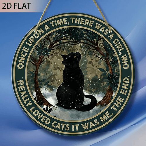 item picture 2d flat 2d flat 2d flat wooden sign plaque black cat sitting in snow gazing at stars surrounded by trees text on ring wood art wall decor 7 87x7 87 inch round hanging sign suitable for home shop office