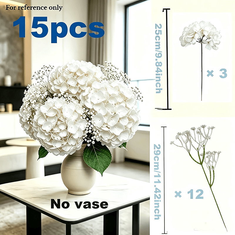 TEMU 15pcs Large Artificial White Hydrangea Bouquet Set, Realistic Style, Suitable For Home And Wedding Decoration, Perfect For Gardens, Porch And