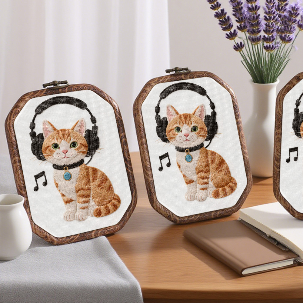 Octagon Embroidery Kit with Fluffy Kitten Design