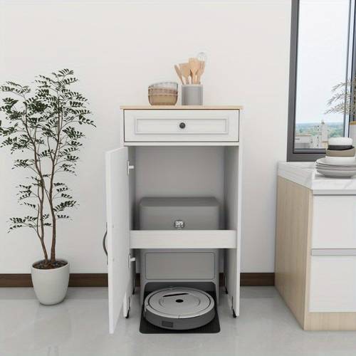 cabinet for robot vacuum with wheels storage rack for sweeping robots featuring doors and drawers side table suitable for living room home office and kitchen in antique white