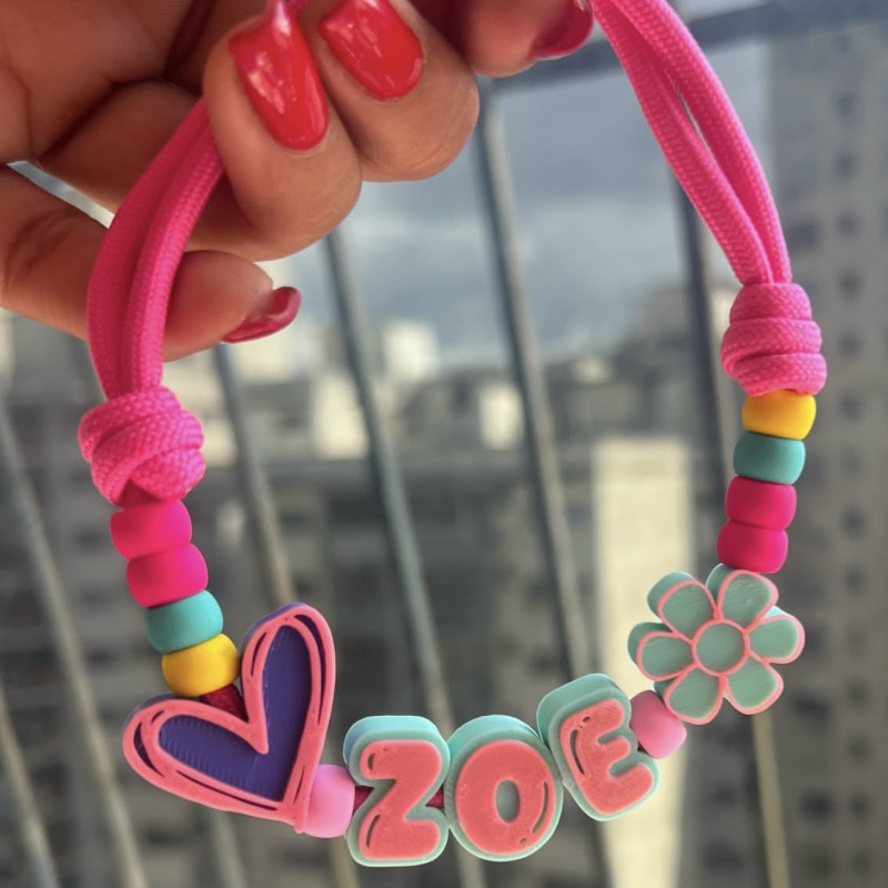 TEMU Custom 3d Printed Collar, Colorful Heart & Flower Beaded Necklace, Adjustable Hot Pink Knotted Rope Personalized Pet Collar, Handmade Pet Gift