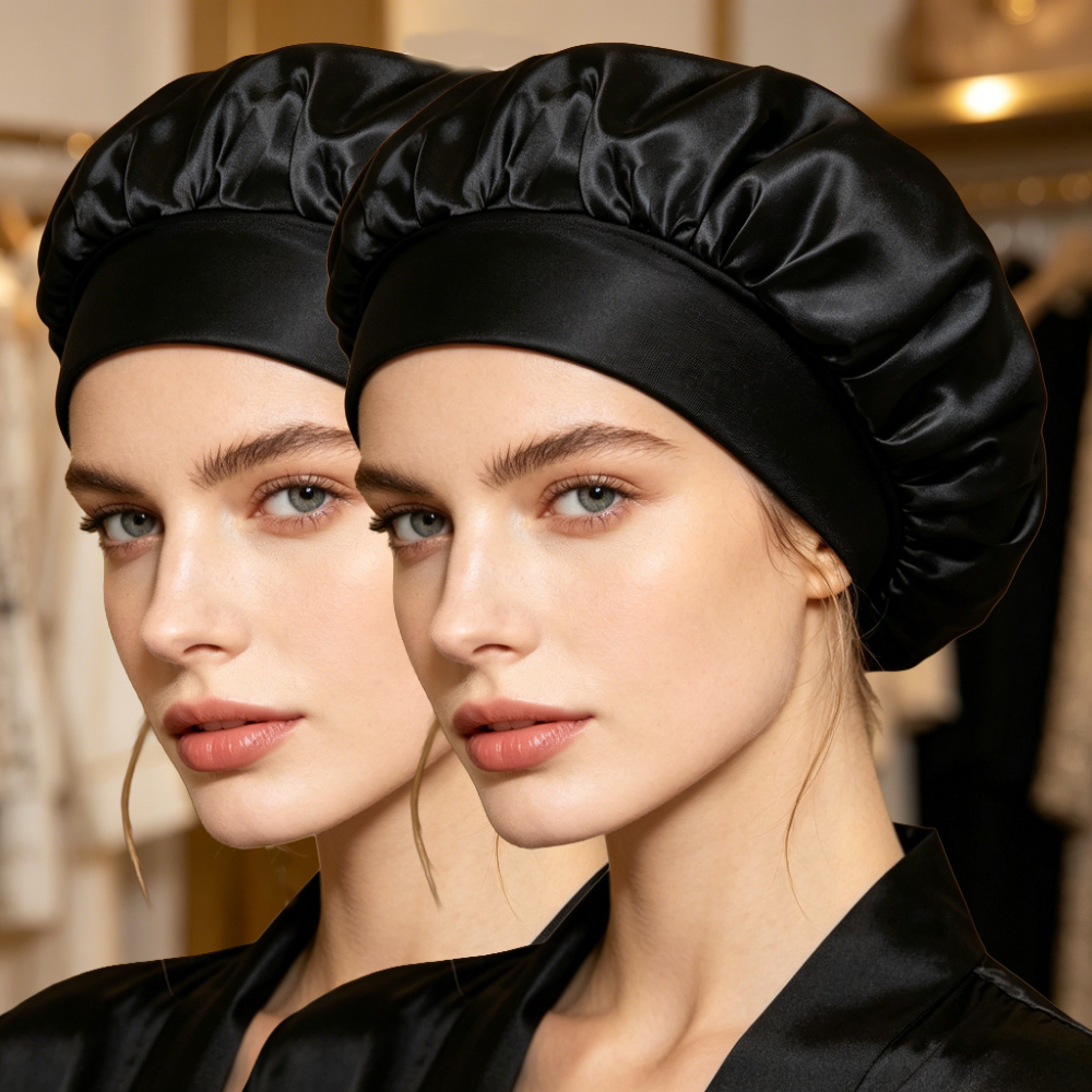 TEMU 2 Pack Cisily Oversized Hair Bonnet Cap Suitable For , Wide Band Hydration Shield For Curly/straight Hair Protection, Black & Wine Red Cap For