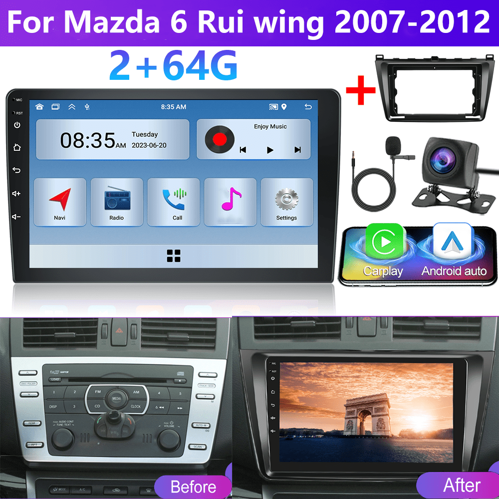 Image of [2g+64g]podofo 13 Car Stereo For 6 Rui Wing 2007-2012 (frame Included) Double Din Auto, 9 Inch Touchscreen Car Din With Gps Navigation Wireless Fm Hifi Wifi Usb + Ahd Backup Camera + Mic