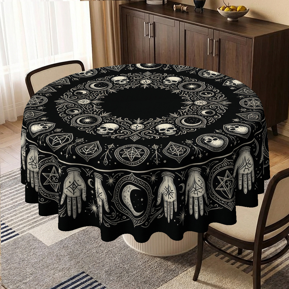 TEMU Nappe Ronde, Housse de , Motif Beige à Mystiques et Têtes de , Convient pour Halloween, Fête, -, Rassemblement, Festival, Anniversaire. Idéale
