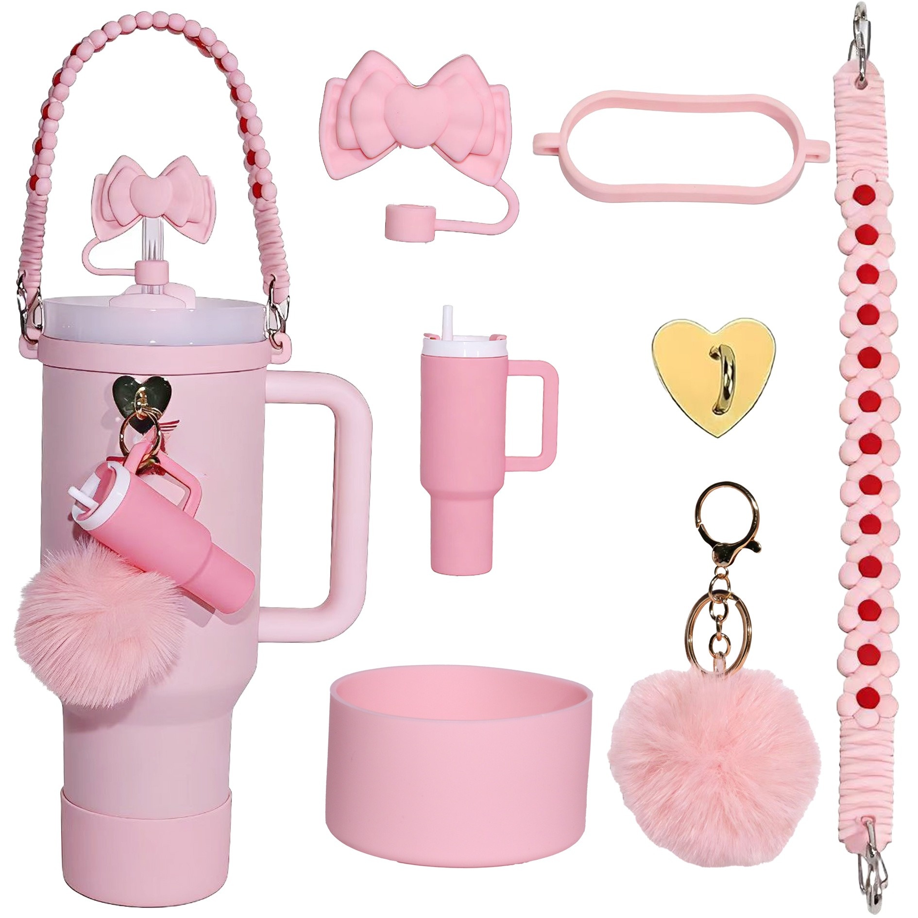 TEMU 7pcs Water Bottle Accessories Collection With A Capacity Of 40oz: This Set Features A Silicone Straw Lid, A Rubber Cup Ring, Chain, A Keychain,