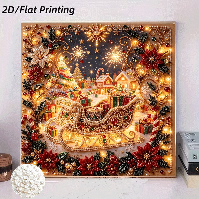 TEMU New 2d Flat Printing Pearl Painting: Christmas Sleigh Fireworks Town, Frameless Diy Handmade Rhinestone Art. Suitable For Bedroom Decor, Living