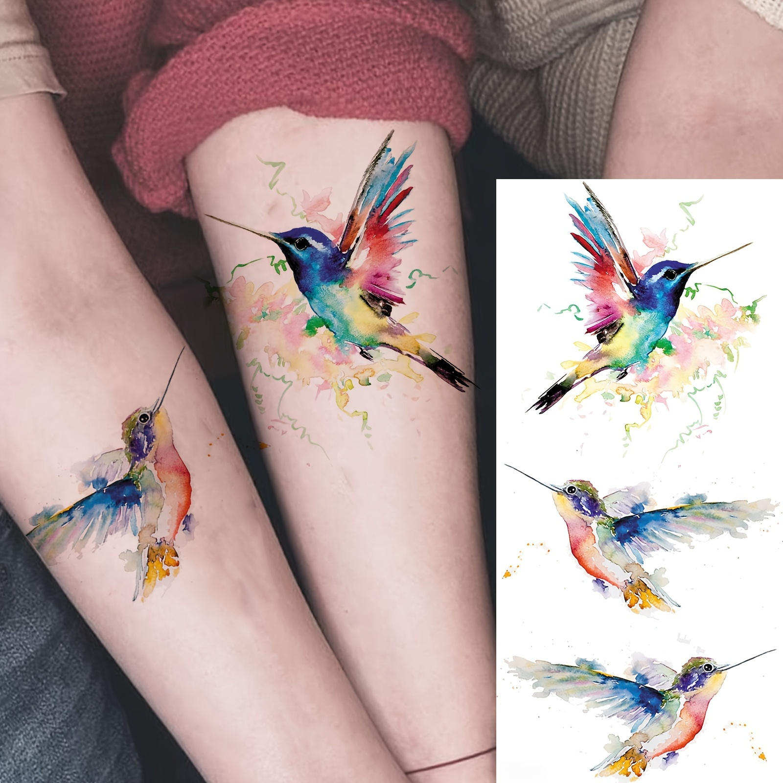 1pc Of Hummingbird Temporary Tattoo Suitable For Women, Men, Adults, For Arm, Thigh, Forearm, Calf, Waterproof, Long-lasting, Realistic Sleeve Fake Tattoo Sticker