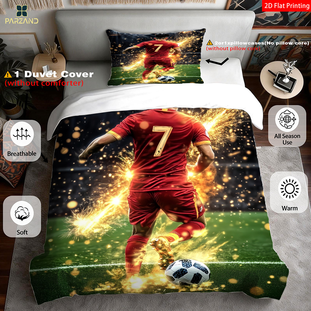 TEMU 2/3pcs 2d Flat Printing Soccer Print For Bedroom Decor Bedding Quilt Cover Pillowcases (1*duvet 1/2*pilowcases, Without Core), 2d Flat